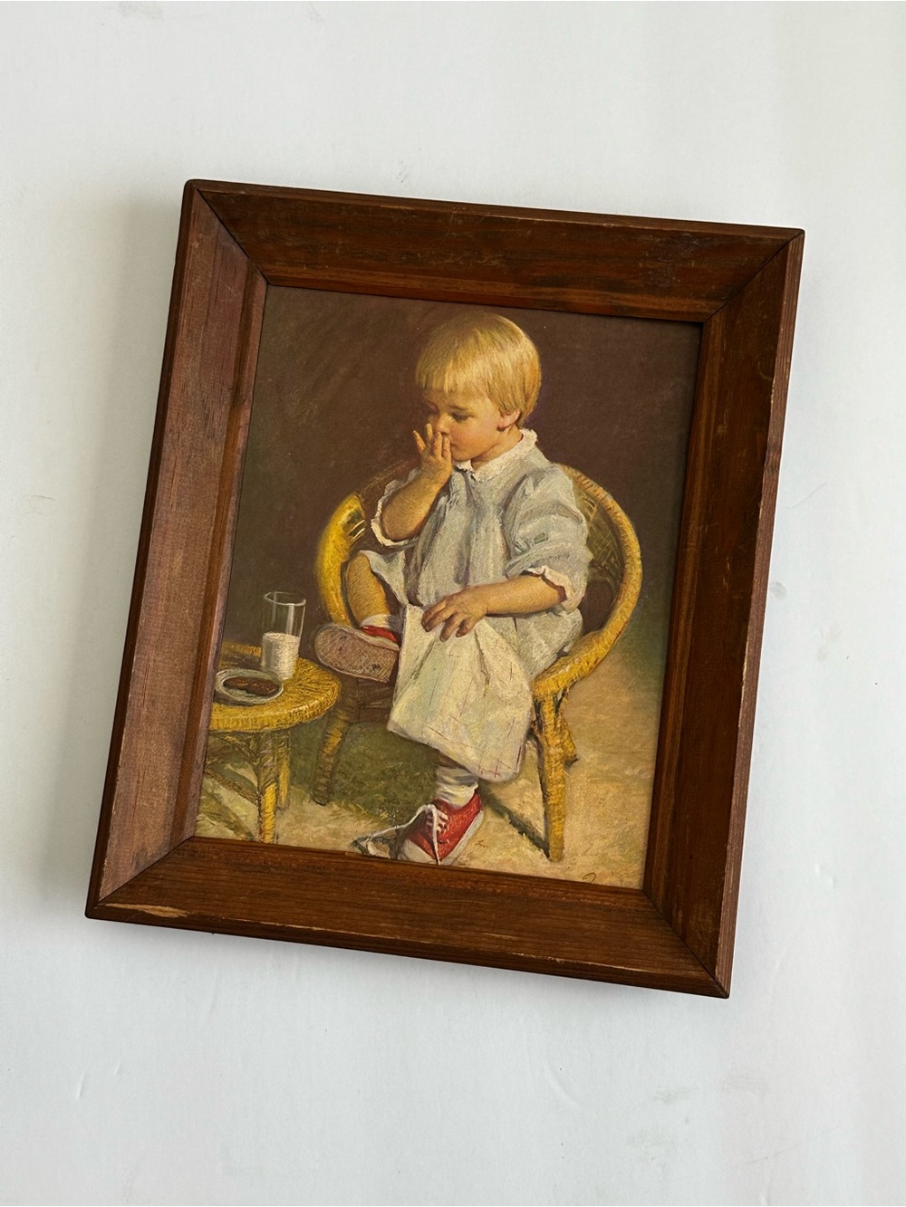 Vintage Framed Painting of Child in Red Sneakers